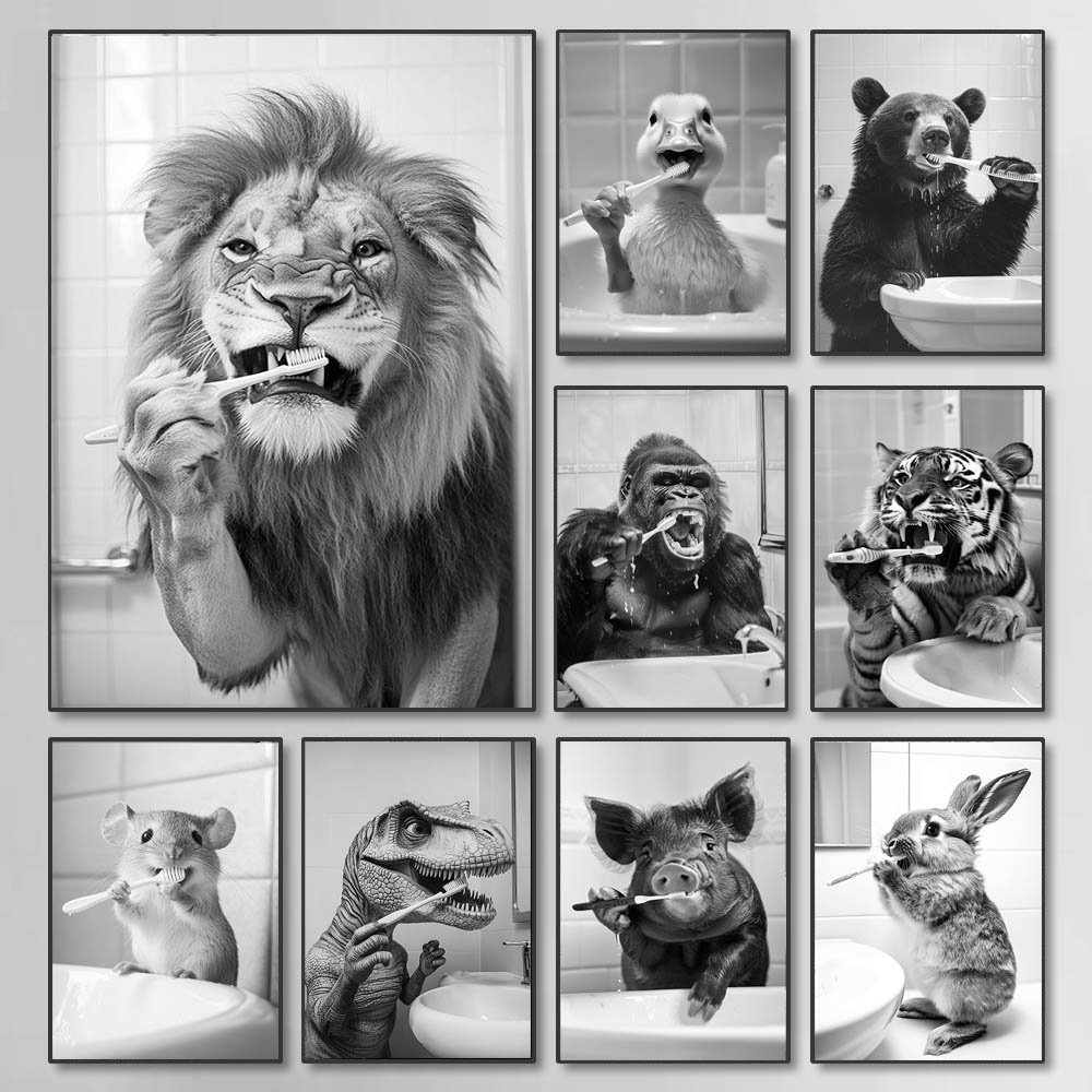 Paint Brush - Zwart Wit Grappige Badkamer Tandenpoetsen Poster